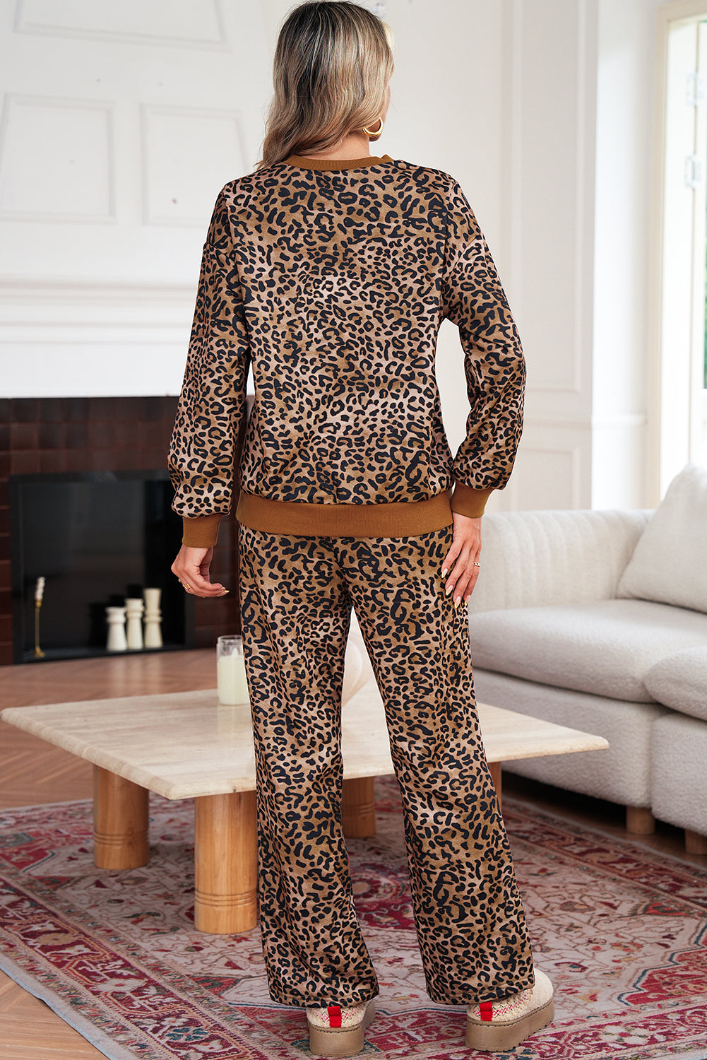 Coffee Allover Leopard Print Contrast Trim Long Sleeve Top and Pants Set
