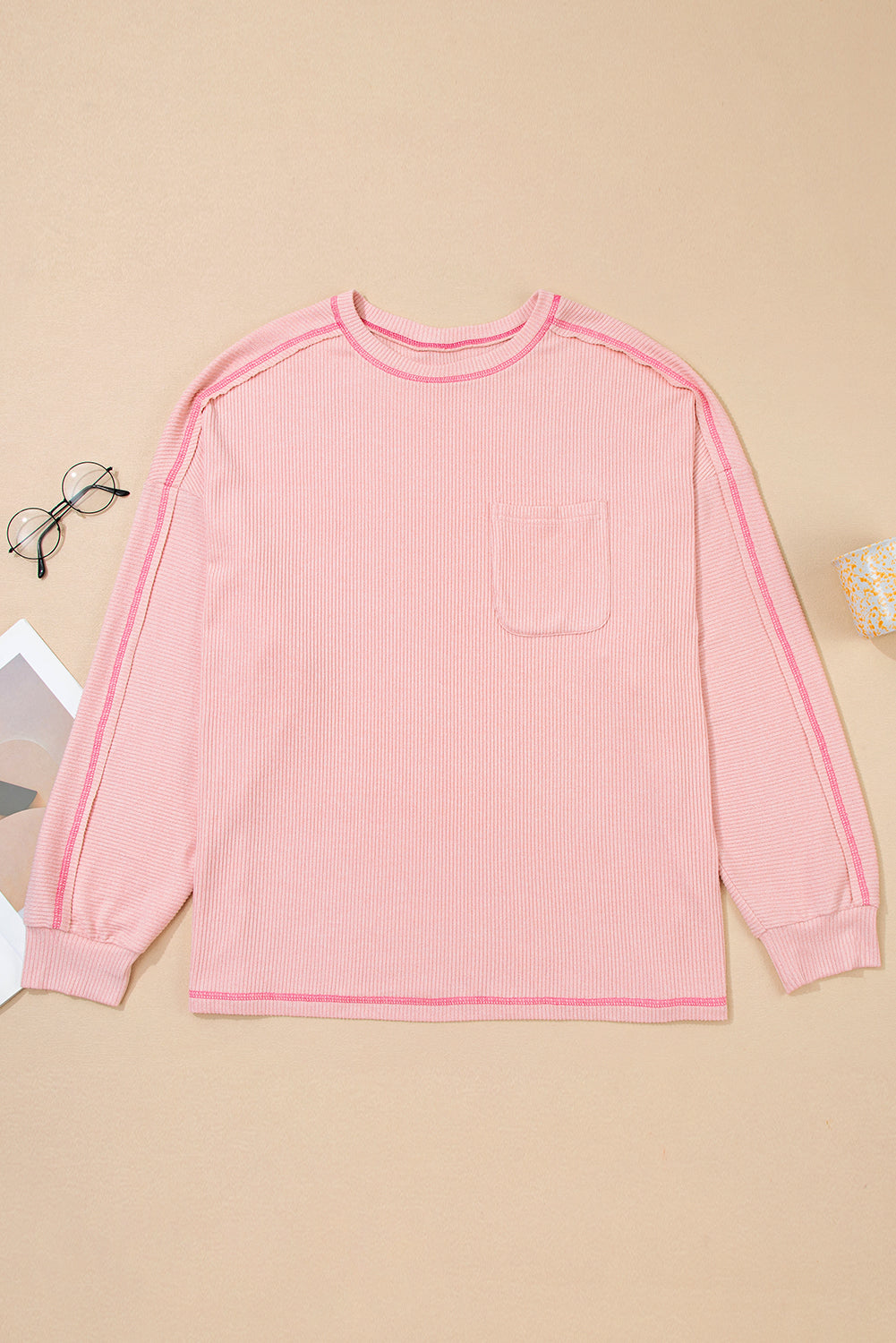 Bonbon Ribbed Exposed Seam Chest Pocket Plus Size Long Sleeve Top