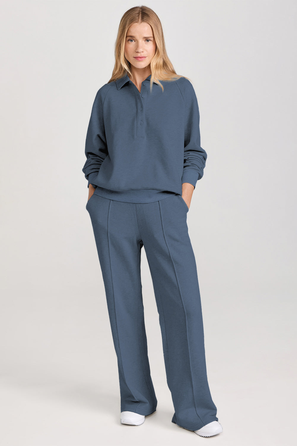 Sail Blue Solid Collared Sweatshirt and High Waist Pants Active Set