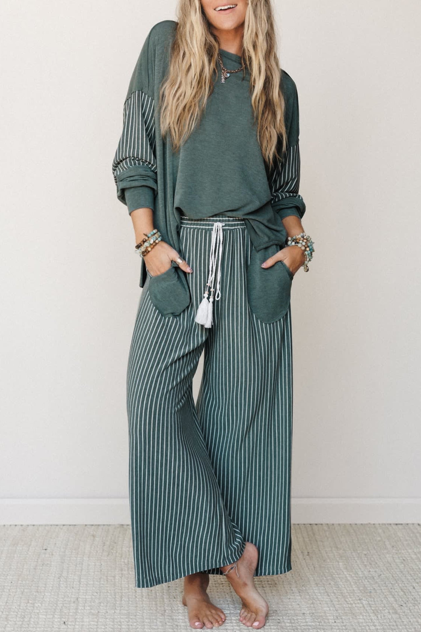 Fushia Raw Seam Patchwork Long Sleeve Top Pocket Casual Pants 2pcs Set