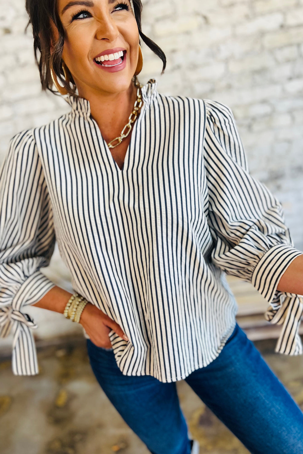 Black Stripe Frill V Neck Knot Cuffs Blouse