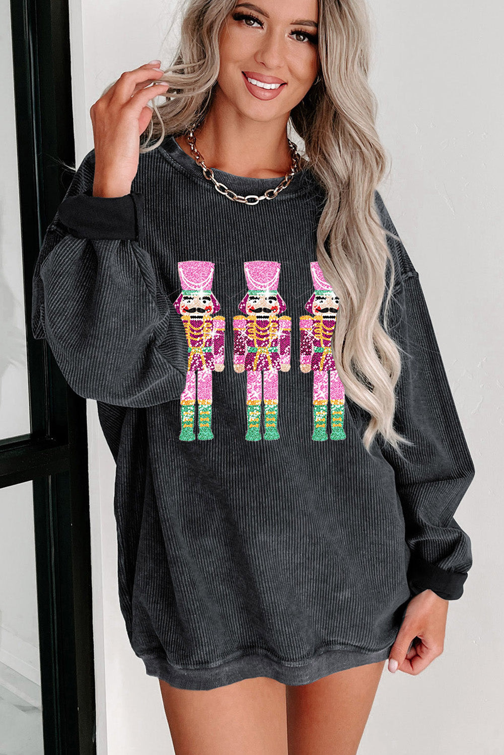 Black Nutcracker Graphic Sequins Patch Mineral Wash Corded Sweatshirt