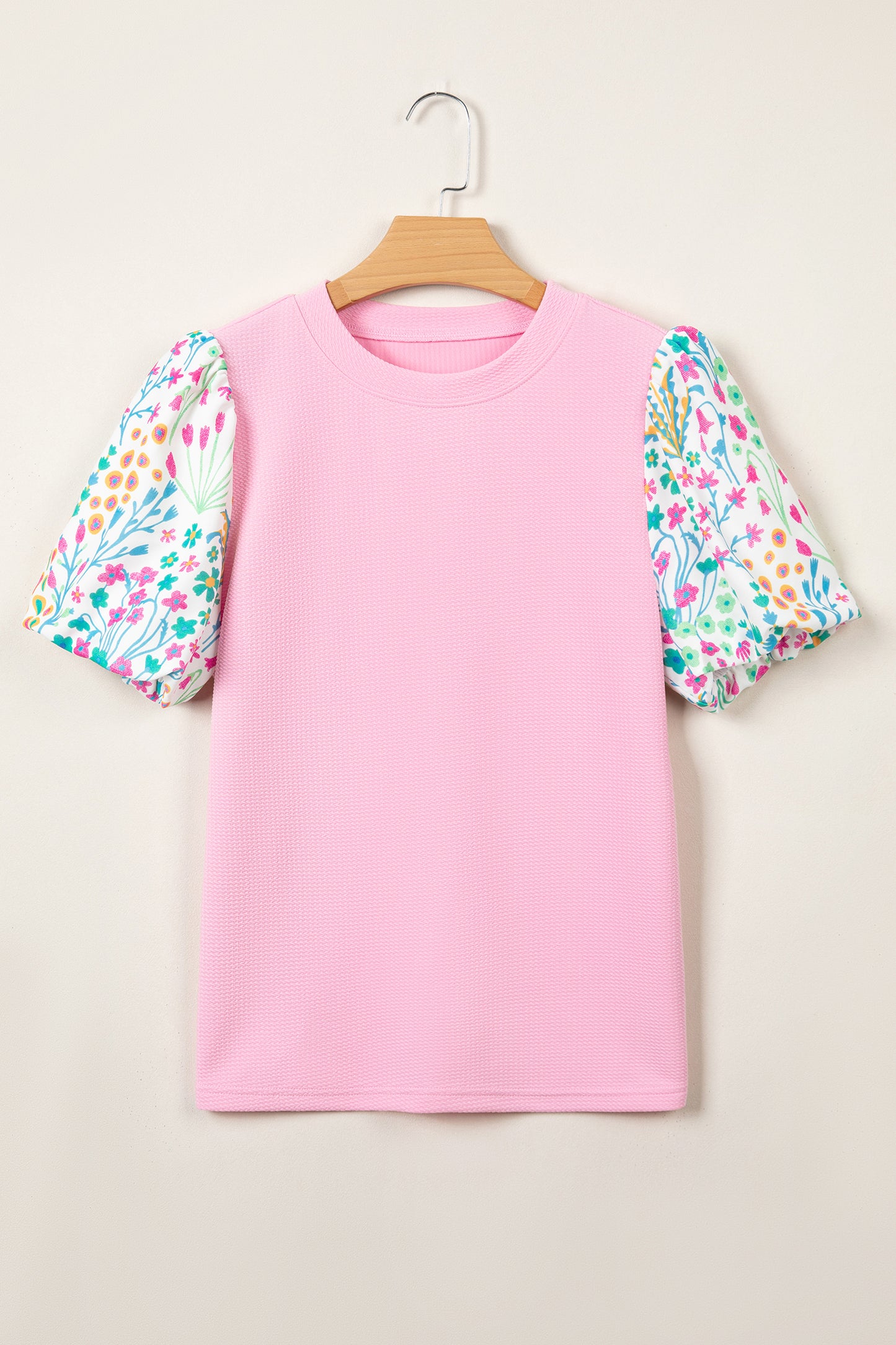 Light Blue Round Neck Textured Contrast Floral Bubble Sleeve Blouse