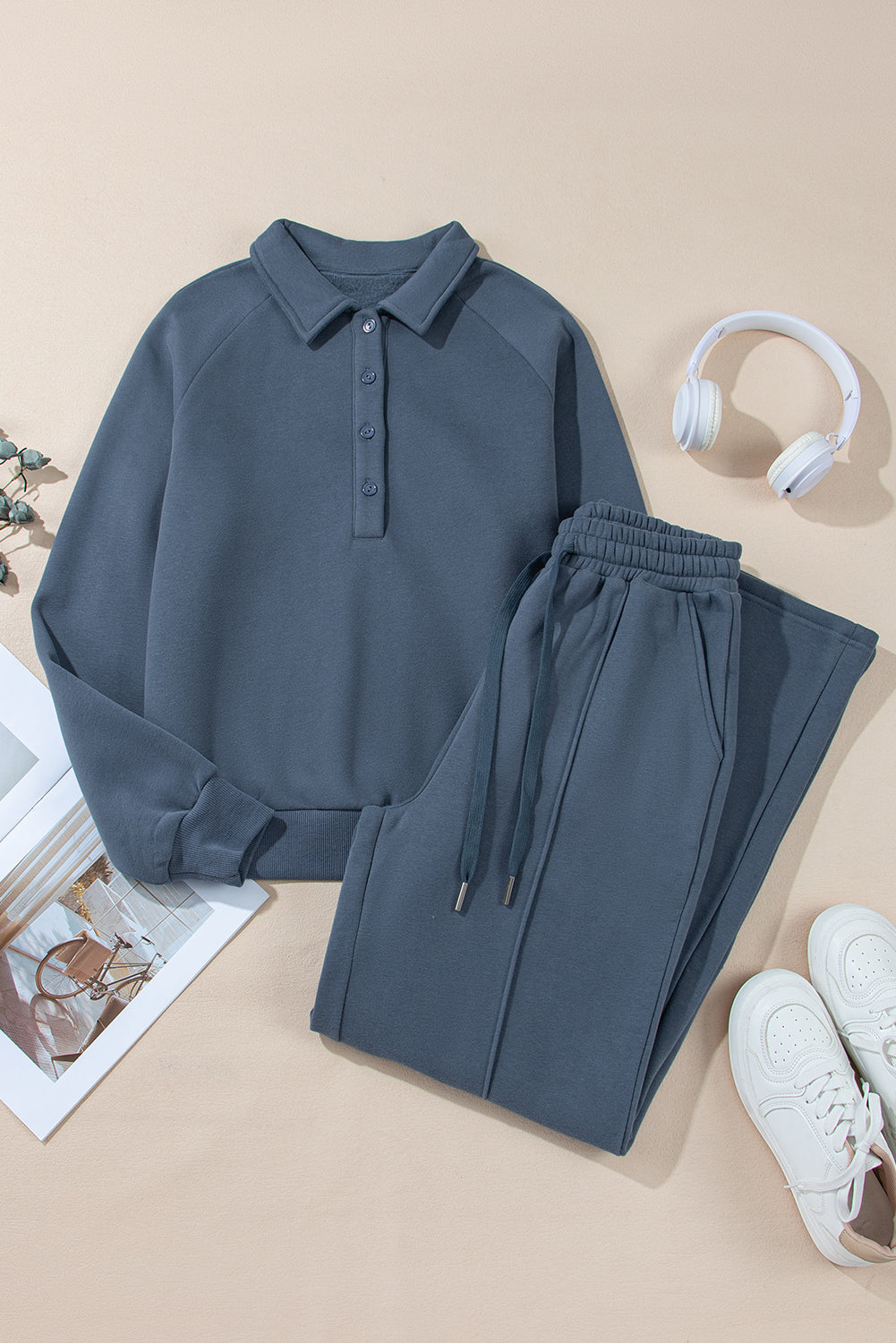 Sail Blue Solid Collared Sweatshirt and High Waist Pants Active Set