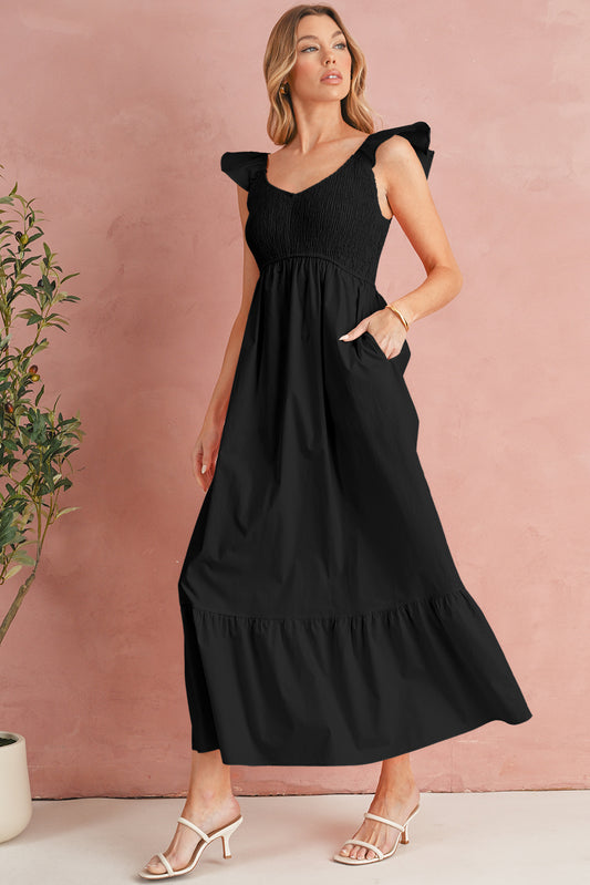Black V Neck Flutter Sleeve Smocked Bodice High Waist Ruffle Maxi Dress