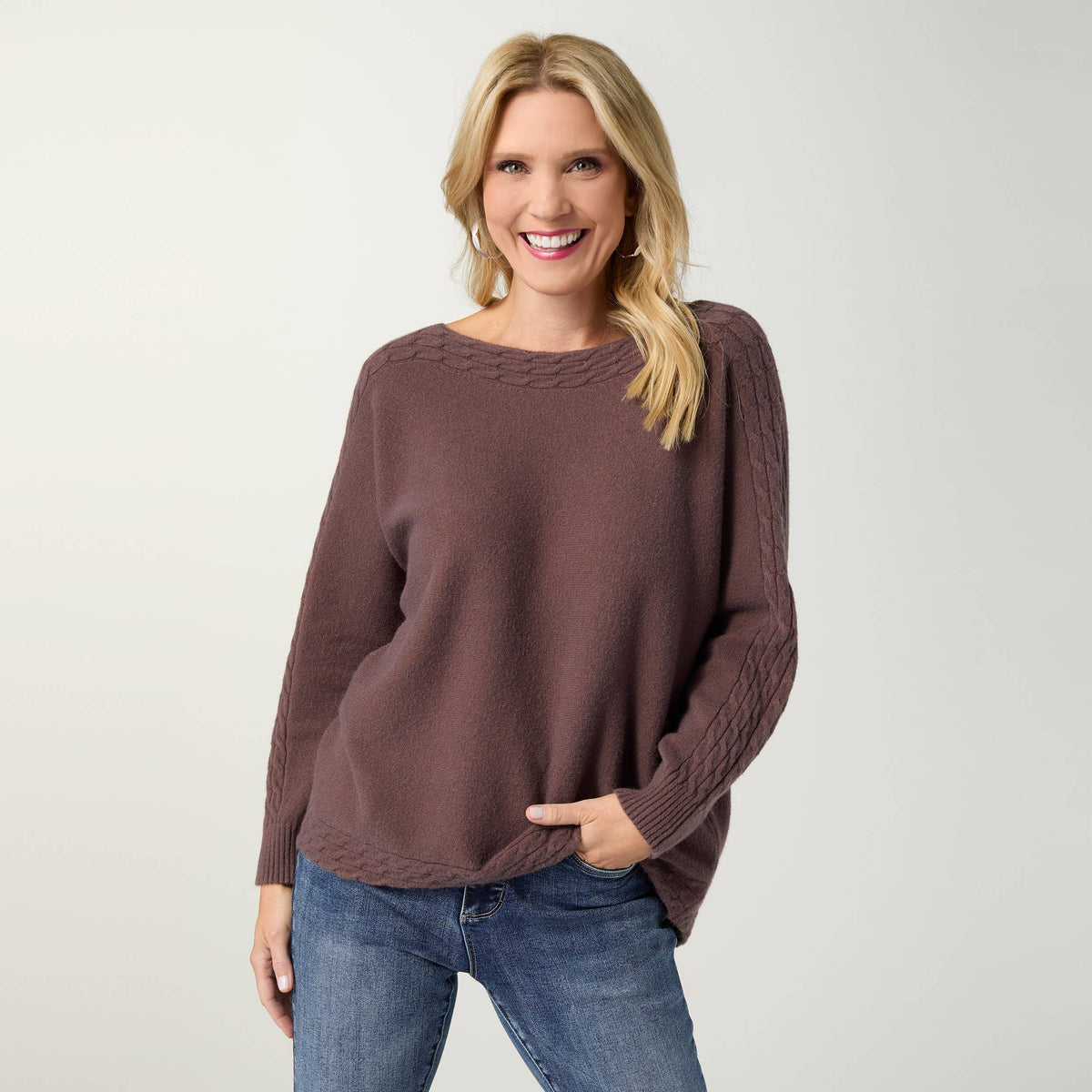 Heavenly-Luxe Cable Knit Detail Dolman Sweater: French Roast / L/XL