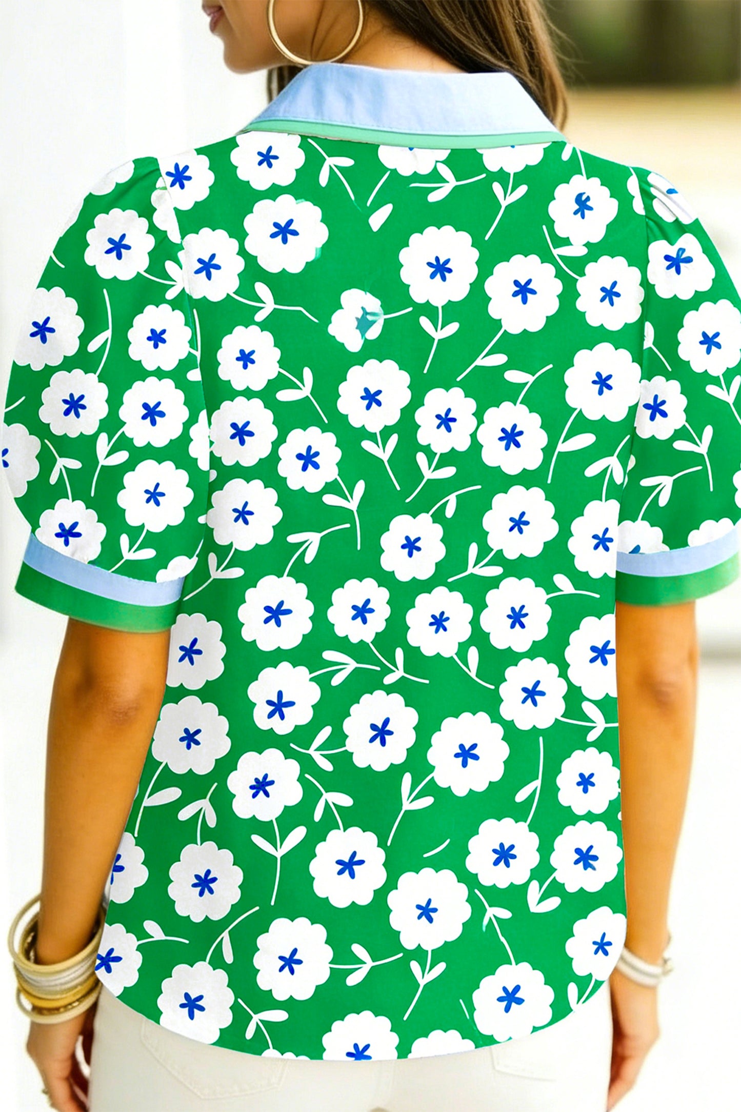 Green Flower Printed Contrast Patchwork Collar Short Sleeve Blouse