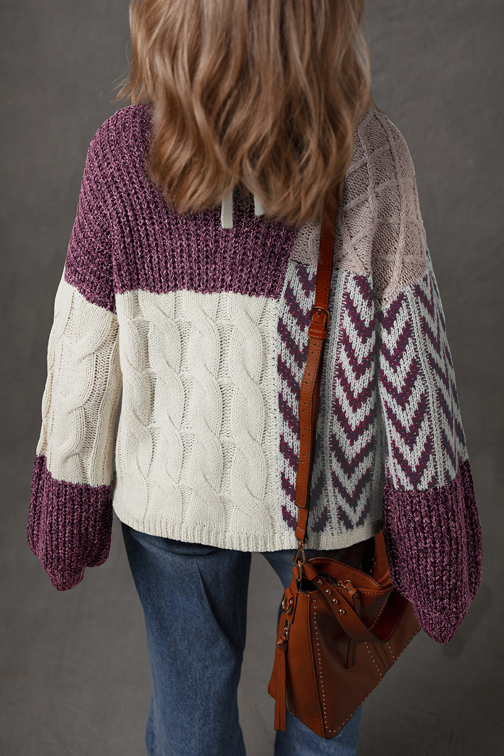 Brown Colorblock Patchwork Knotted Back Loose Fit Sweater