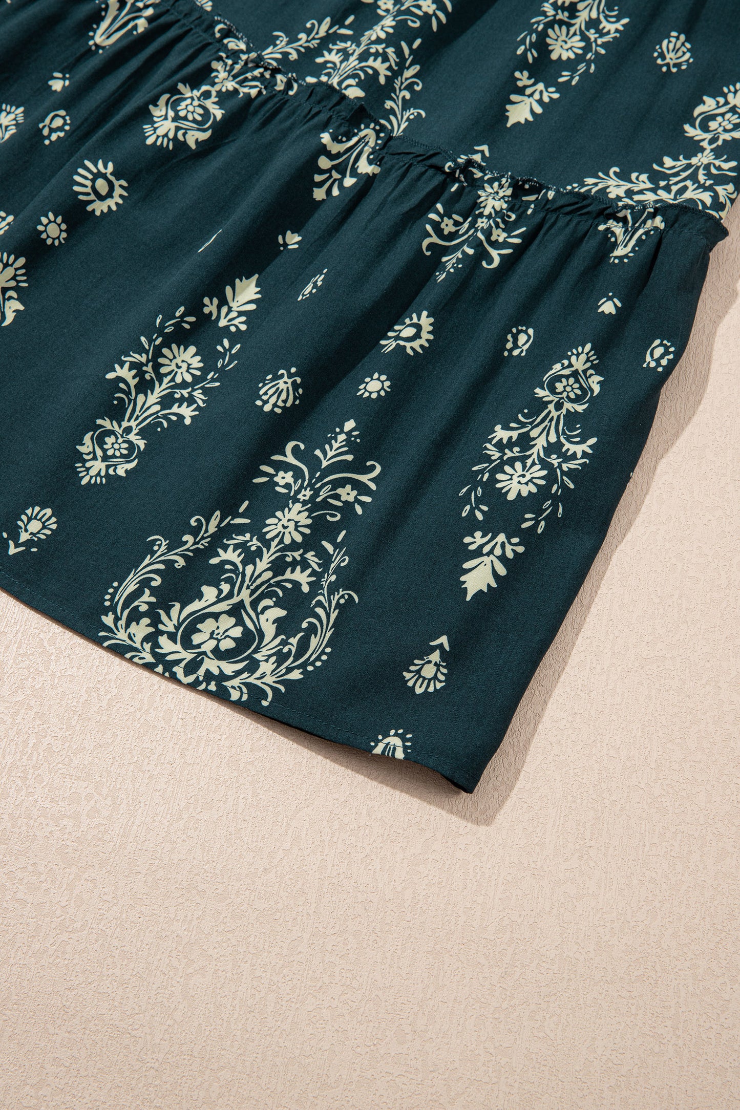 Sky Blue Boho Floral Print Lettuce Trim 3/4 Sleeve Mini Dress