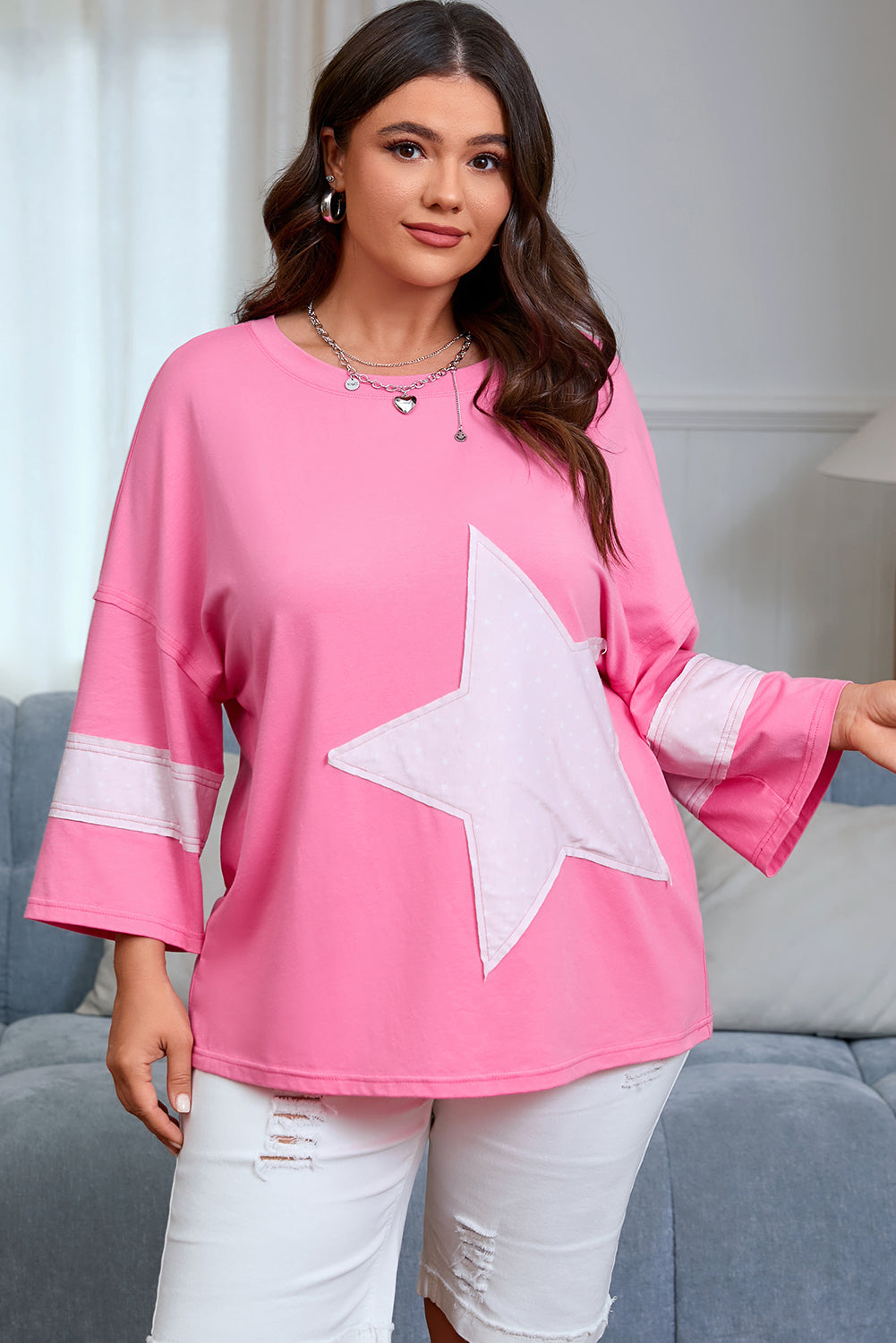 Pink Raw Edge Frayed Star Patched Plus Size Top