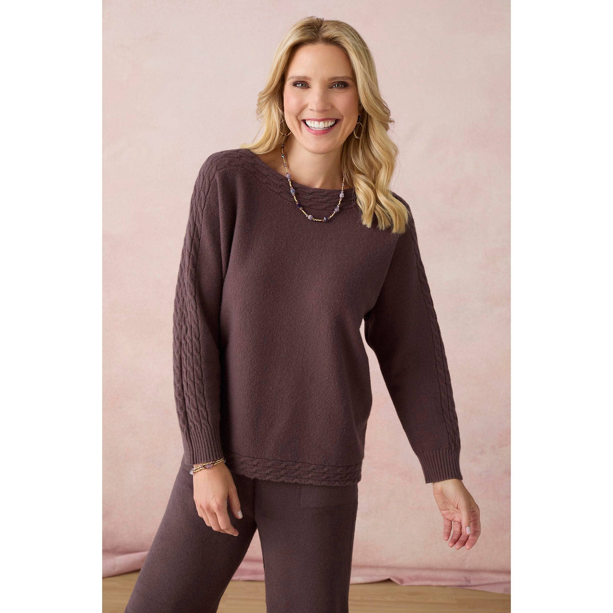 Heavenly-Luxe Cable Knit Detail Dolman Sweater: French Roast / L/XL