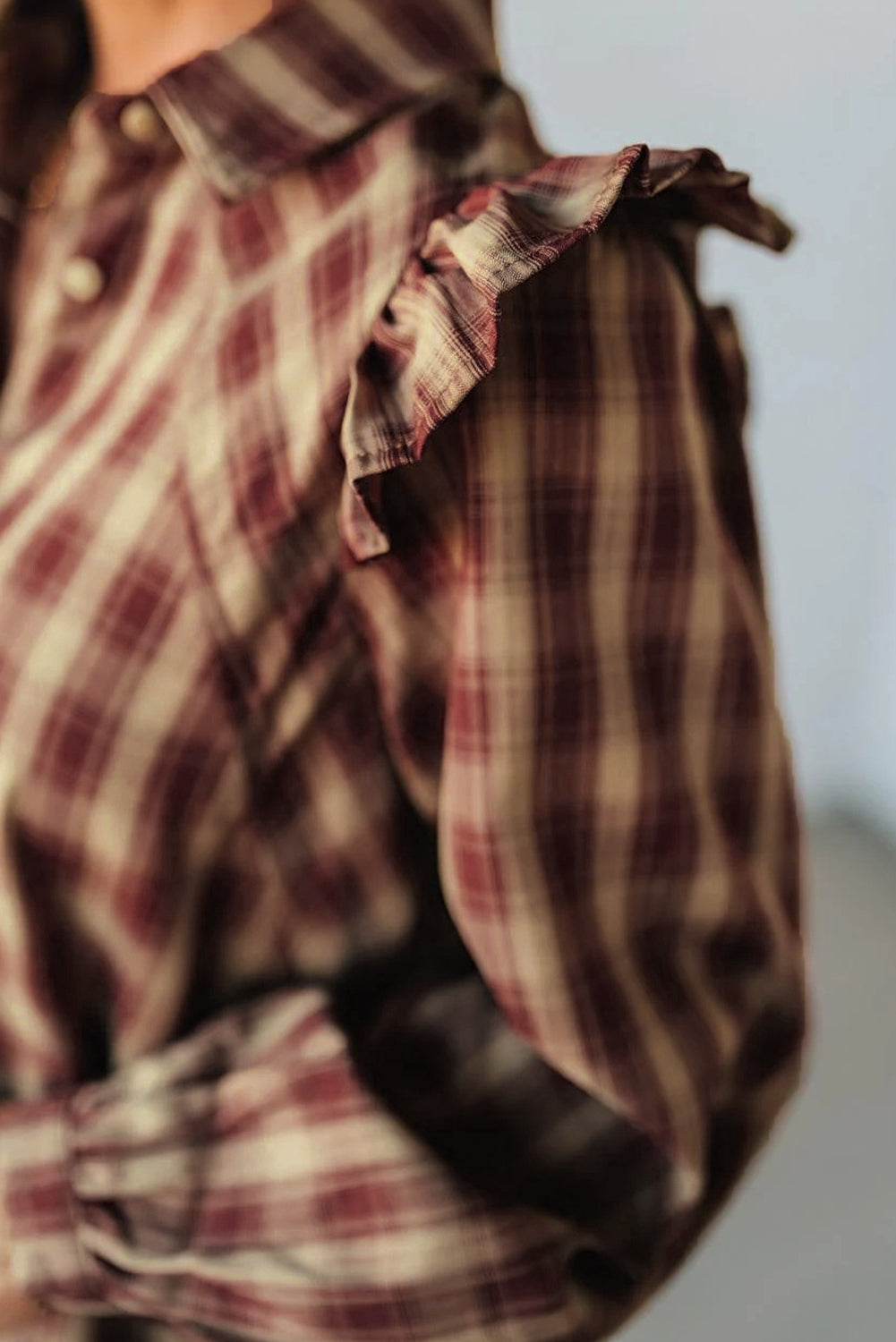 Red Plaid Print Ruffled Long Sleeve Patchwork Hem Mini Shirt Dress