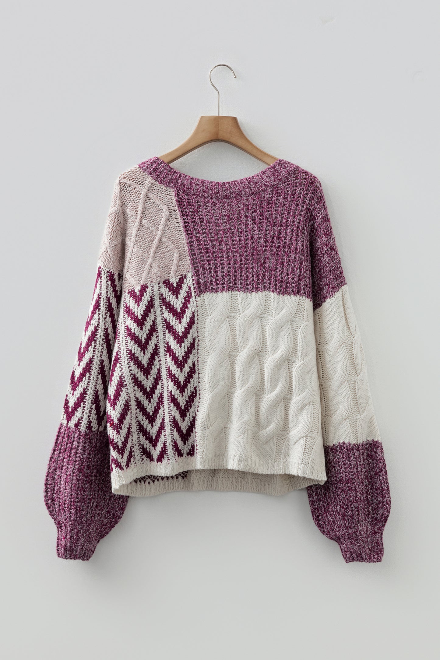 Brown Colorblock Patchwork Knotted Back Loose Fit Sweater