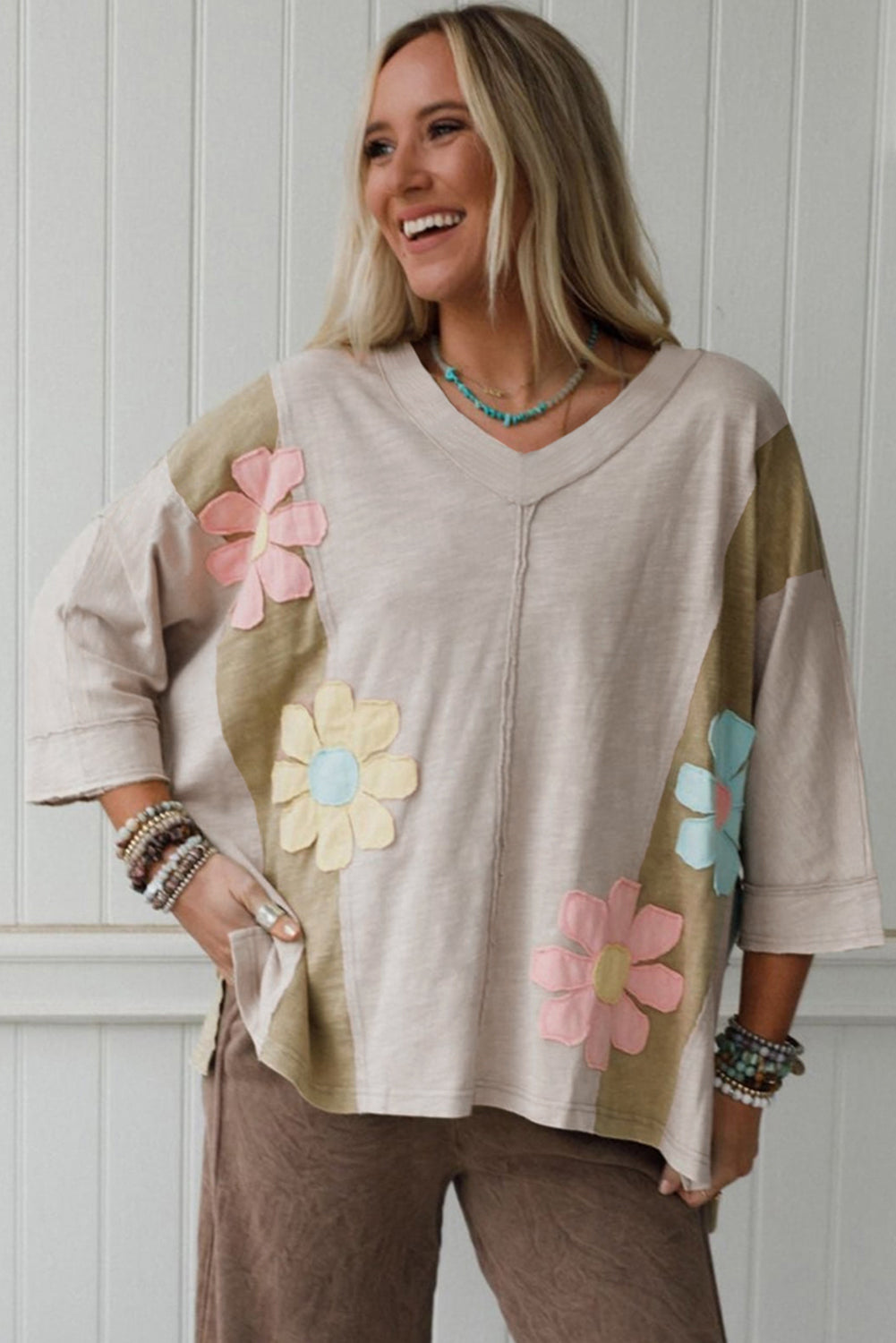 Pink Flower Patched Exposed Seam 3/4 Sleeve top