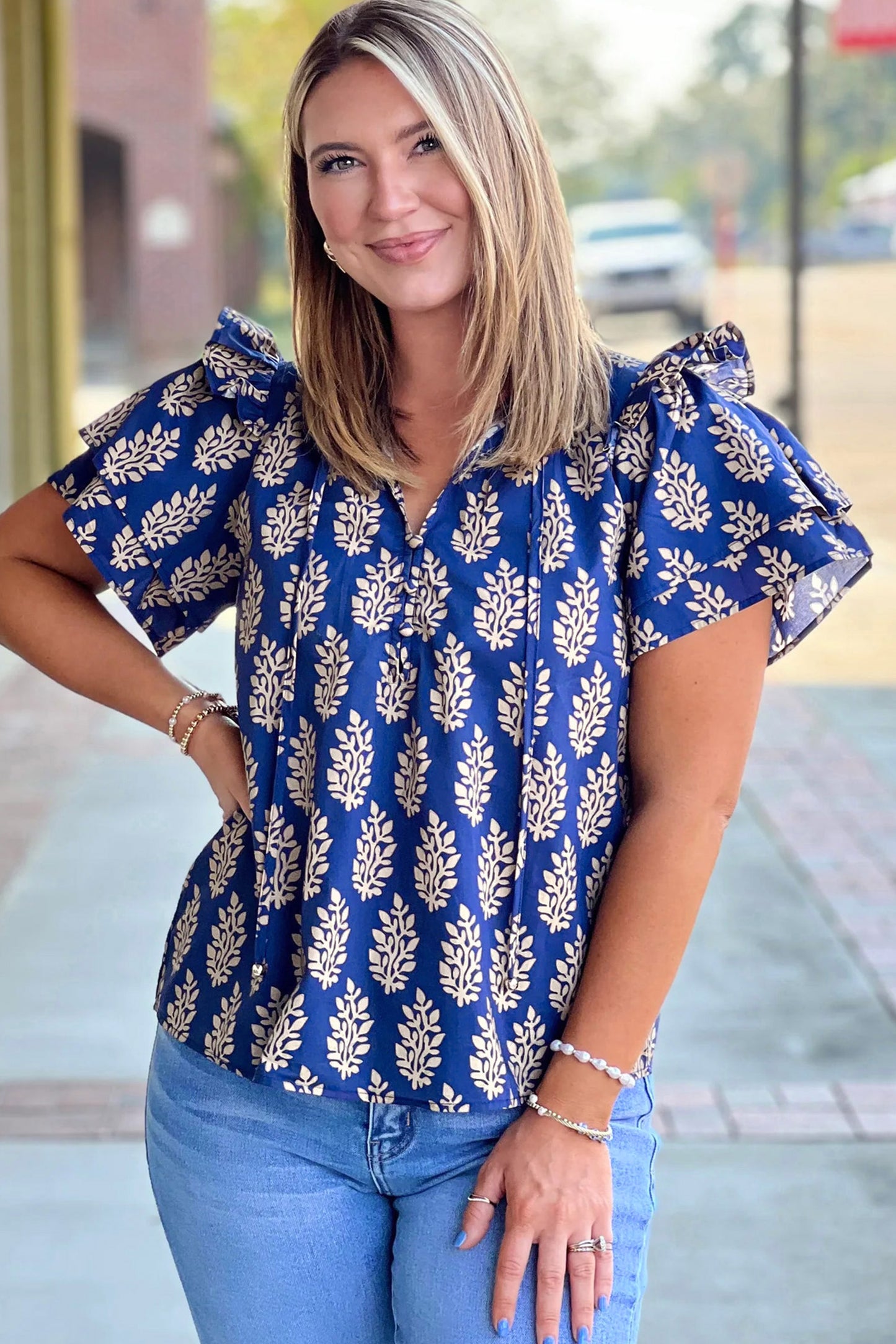 Blue Plus Size Botanical Print Tie V Neck Ruffle Short Sleeve Blouse
