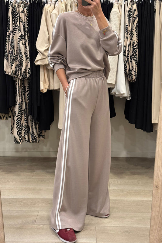Gray Morn Varsity Striped Detail Cropped Pullover Wide Leg Pants 2pcs Outfit