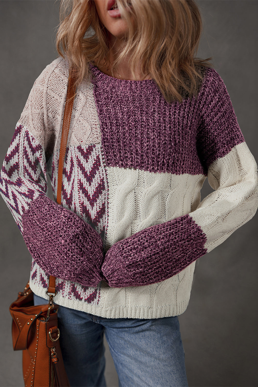 Brown Colorblock Patchwork Knotted Back Loose Fit Sweater