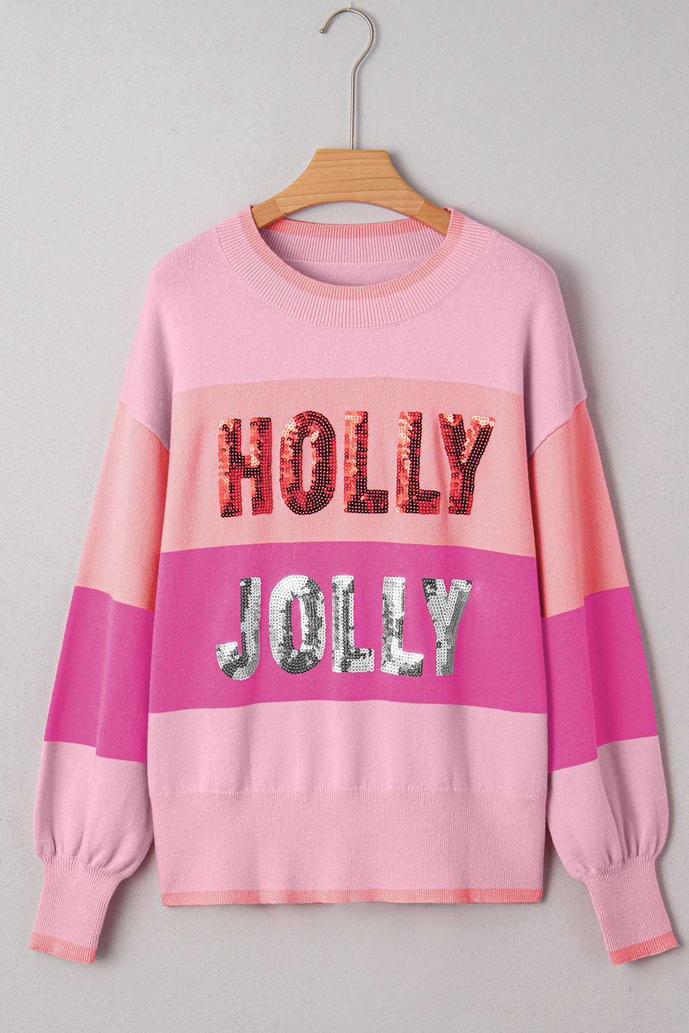 Pink HOLLY JOLLY Sequined Color Block Crew Neck Sweater