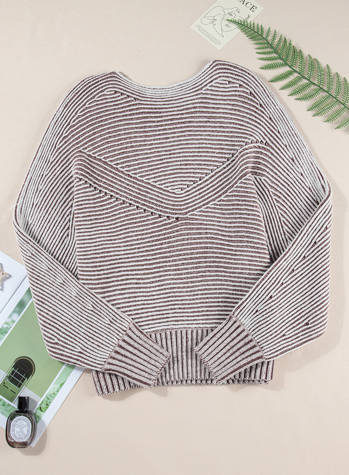 Coffee Striped Print Ribbed Knit Raglan Sleeve Baggy Sweater