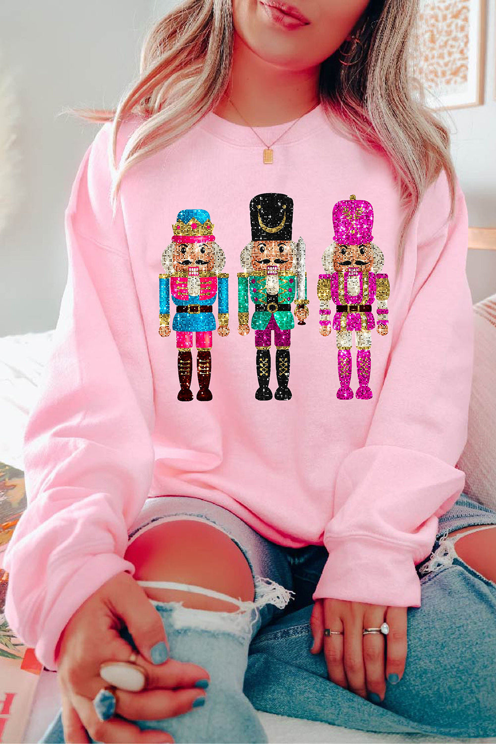 Pink Cute Nutcracker Heat Transfer Printing Graphic Drop Shoulder Christmas Sweatshirt