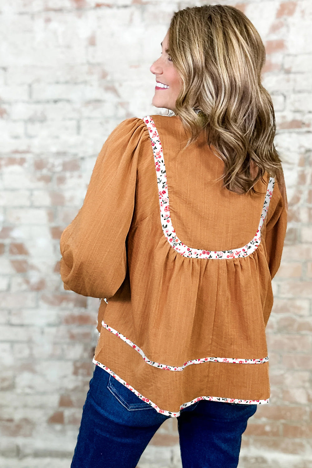 Straw Yellow Split Neck Pleated Floral Trim Puff Sleeve Blouse