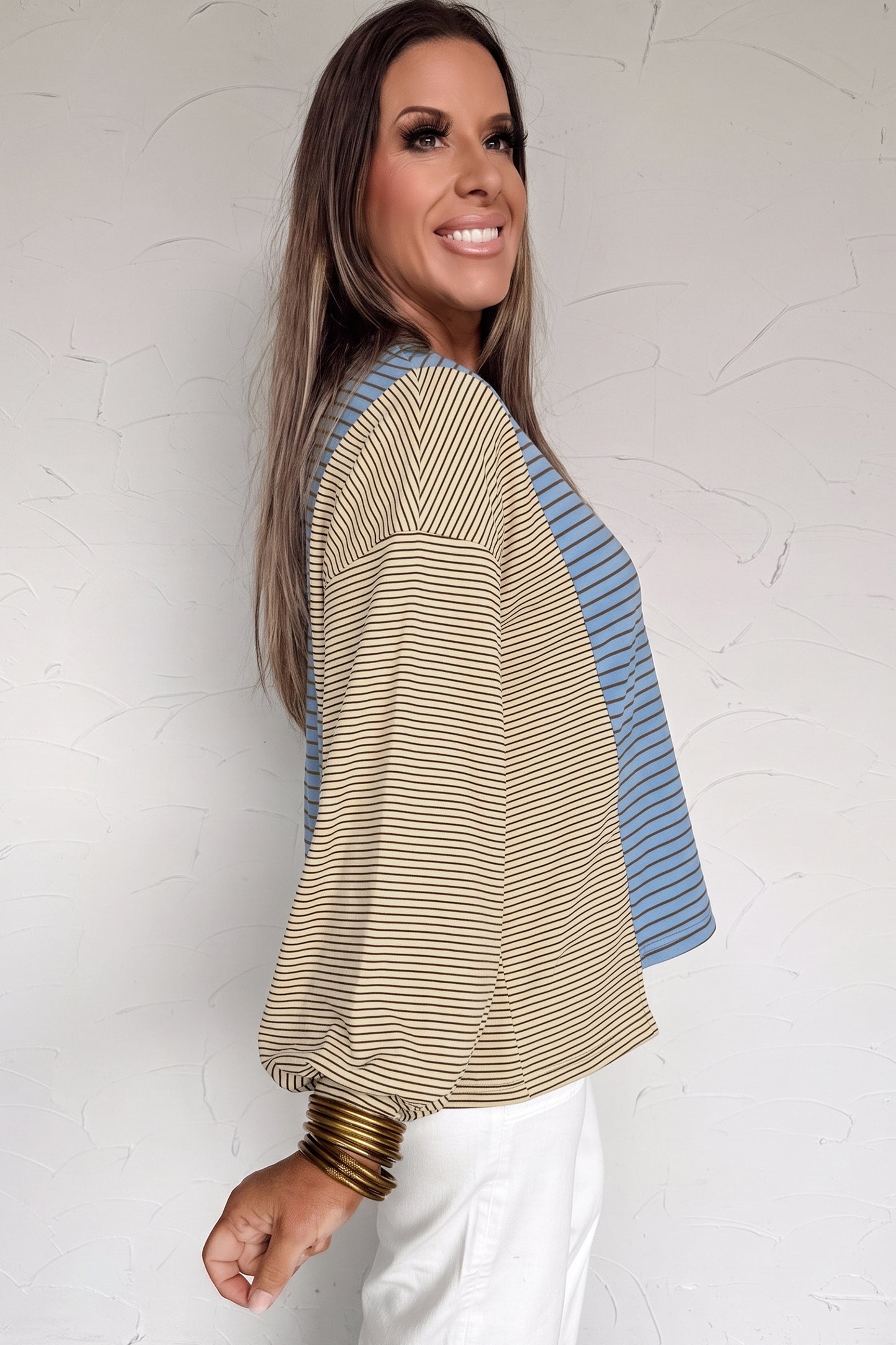 Sky Blue Stripe Color Block Contrast Long Sleeve Round Neck Casual Shift Pullover