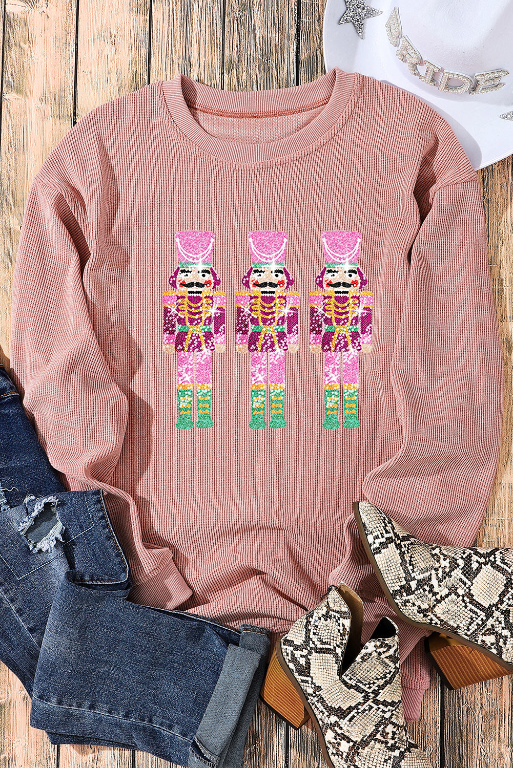 Pink Nutcracker Graphic Sequins Patch Mineral Wash Corded Sweatshirt