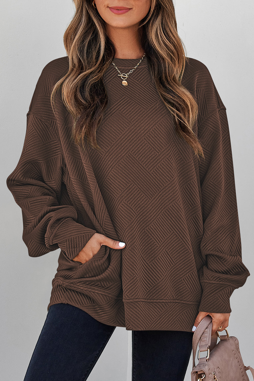 Jungle Green Solid Color Textured Round Neck Drop Shoulder Pullover Sweatshirt