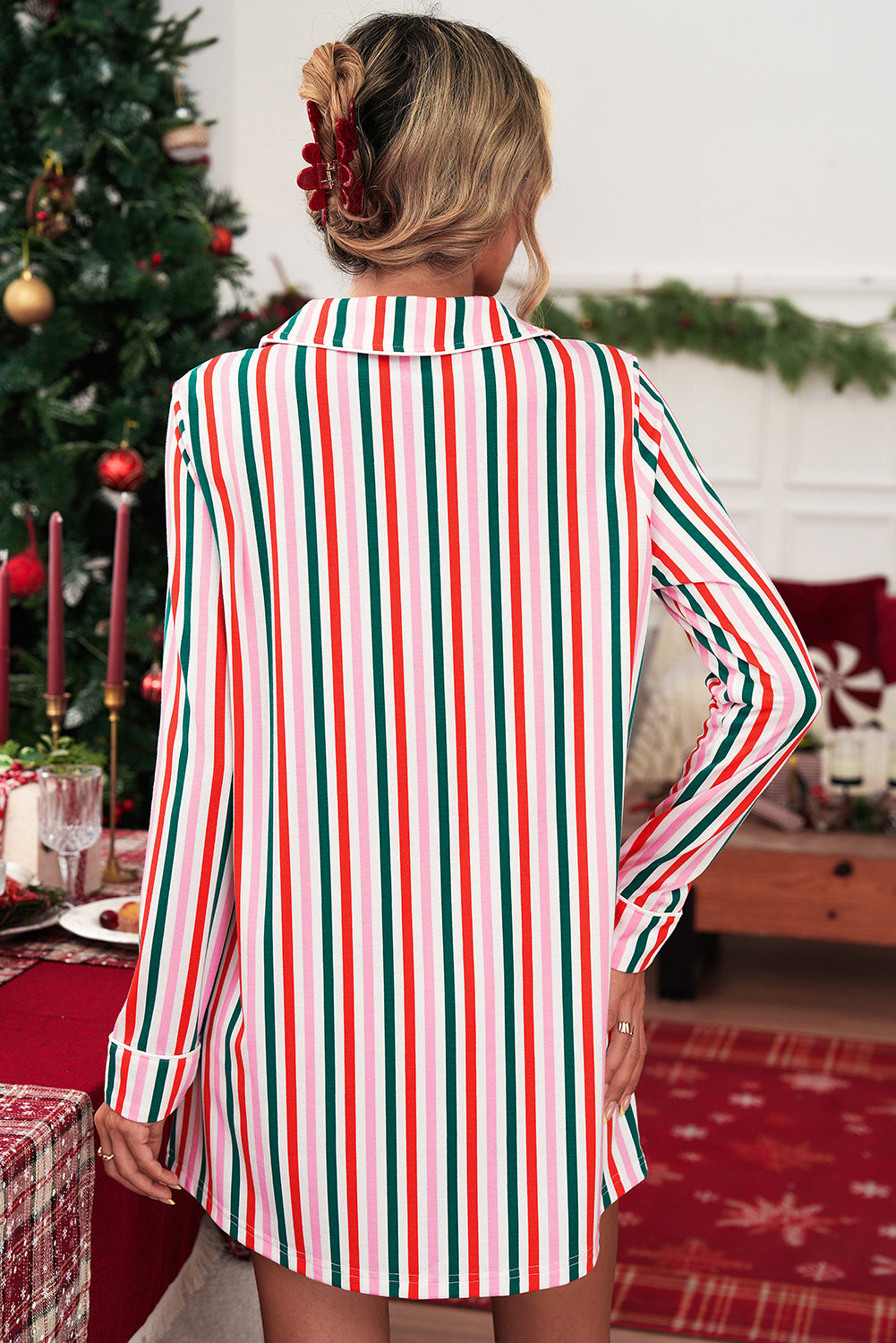 Pink Stripe Christmas Long Sleeve Shirt Style Sleep Dress