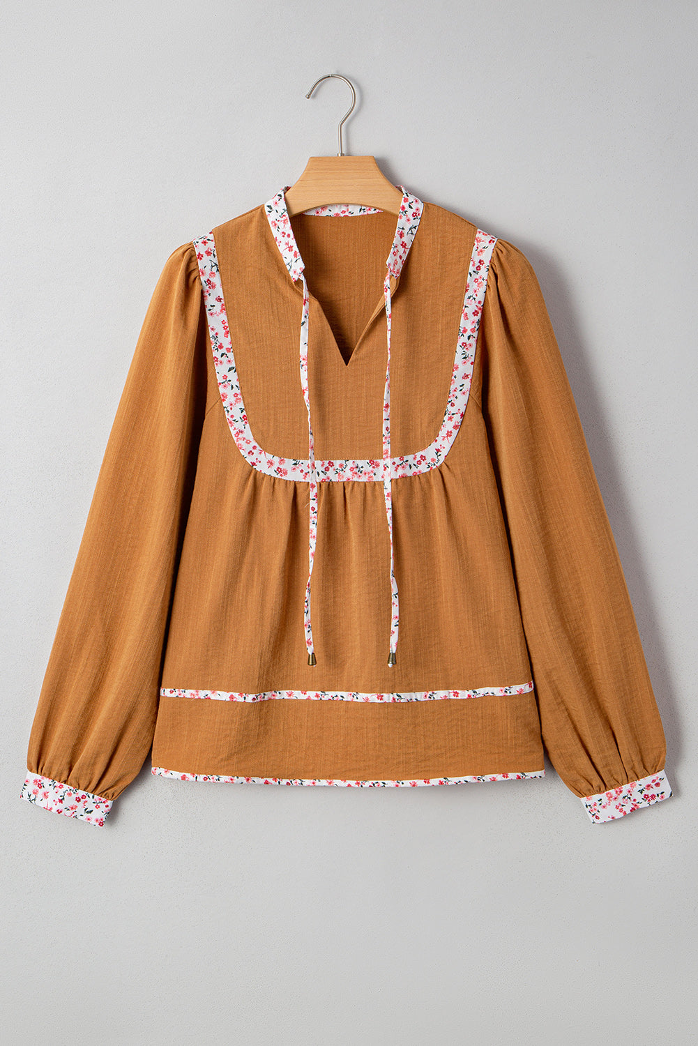 Straw Yellow Split Neck Pleated Floral Trim Puff Sleeve Blouse