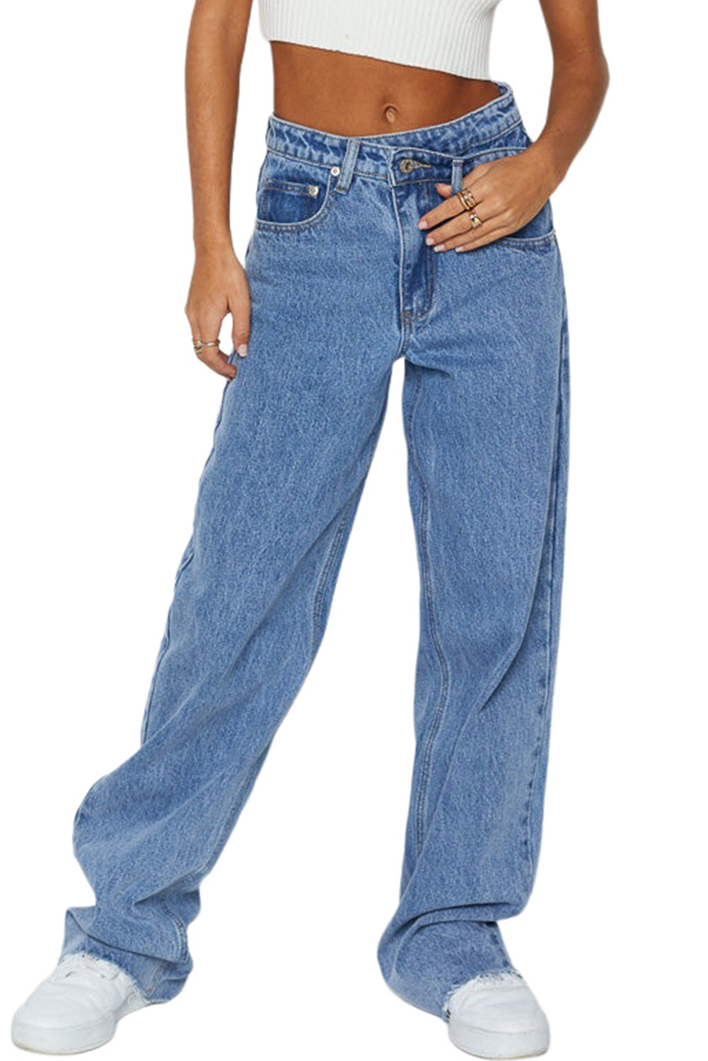 Blue Mid Rise Asymmetrical Waist Wide Leg Jeans