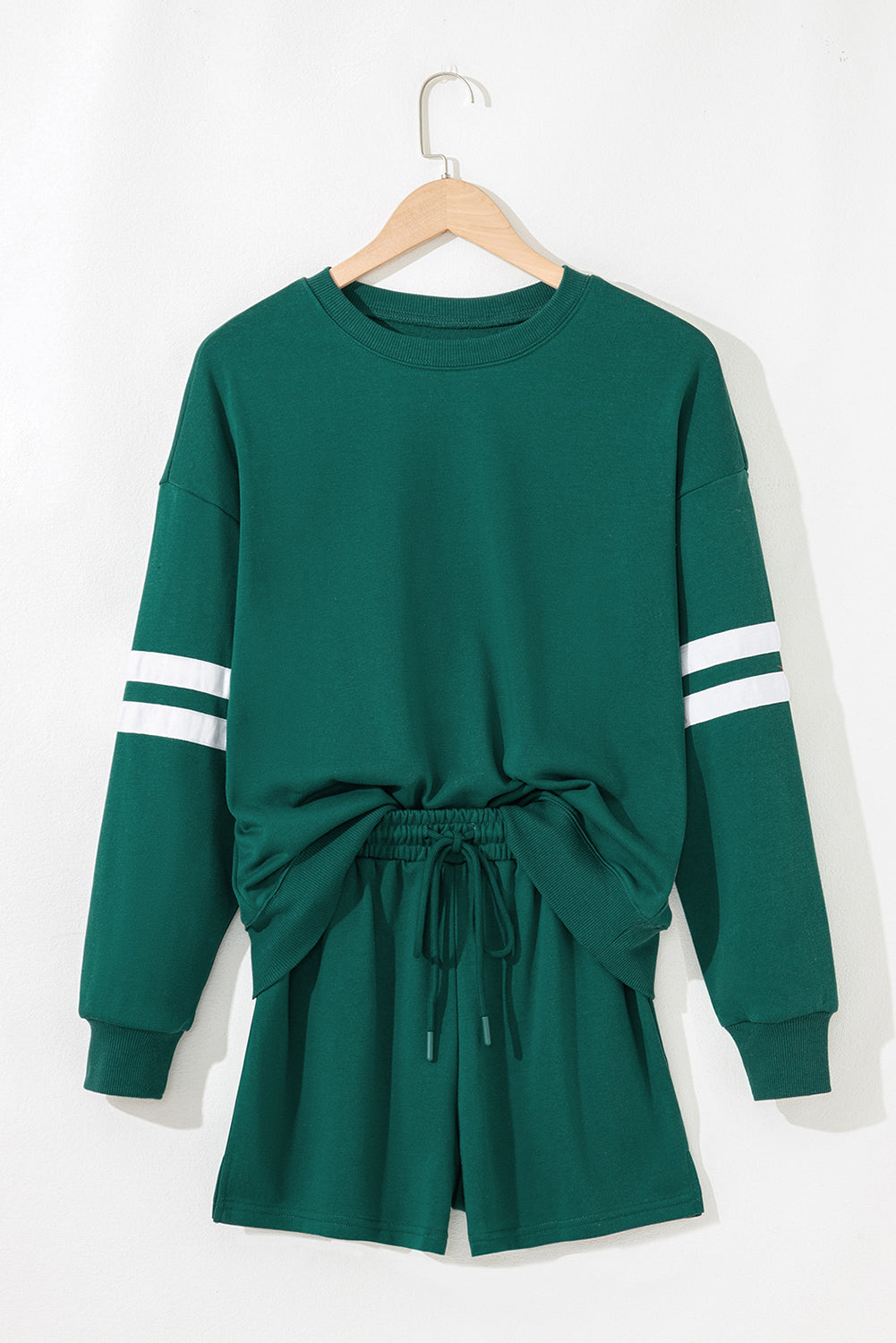 Evergreen Varsity Striped Sleeve Drop Shoulder Sweatshirt and Shorts Set