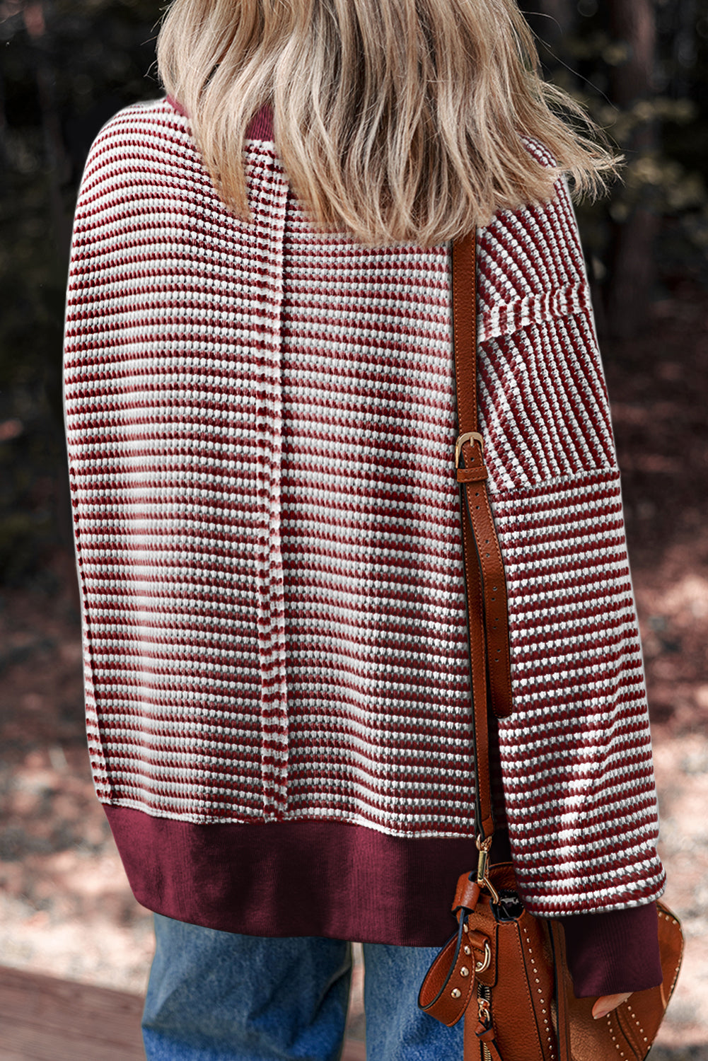 Brown Stripe Ribbed Trim Drop Shoulder Long Sleeve Oversized Top