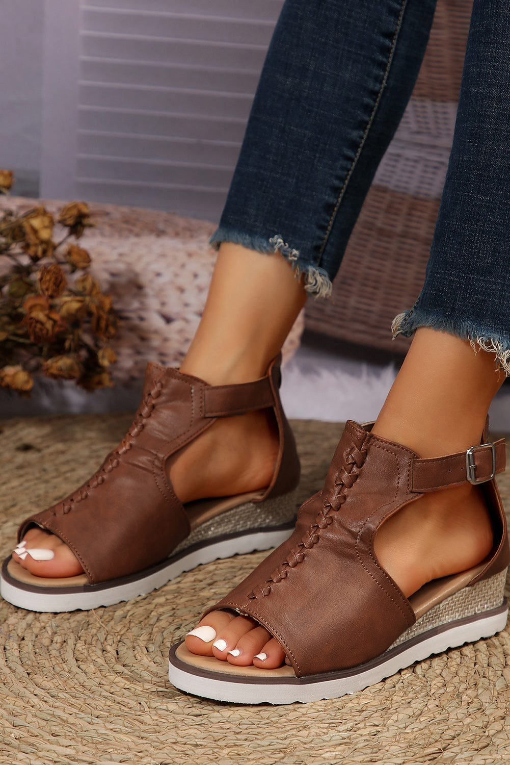 PU Cutout Buckle Strap Platform Slides Shoes