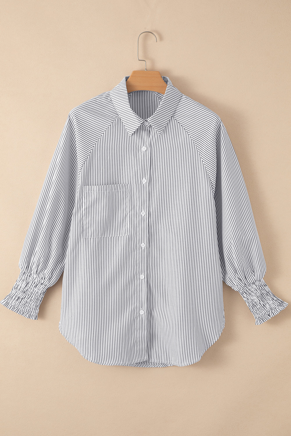 Blue Stripe Striped Casual Shirred Cuffs Shirt