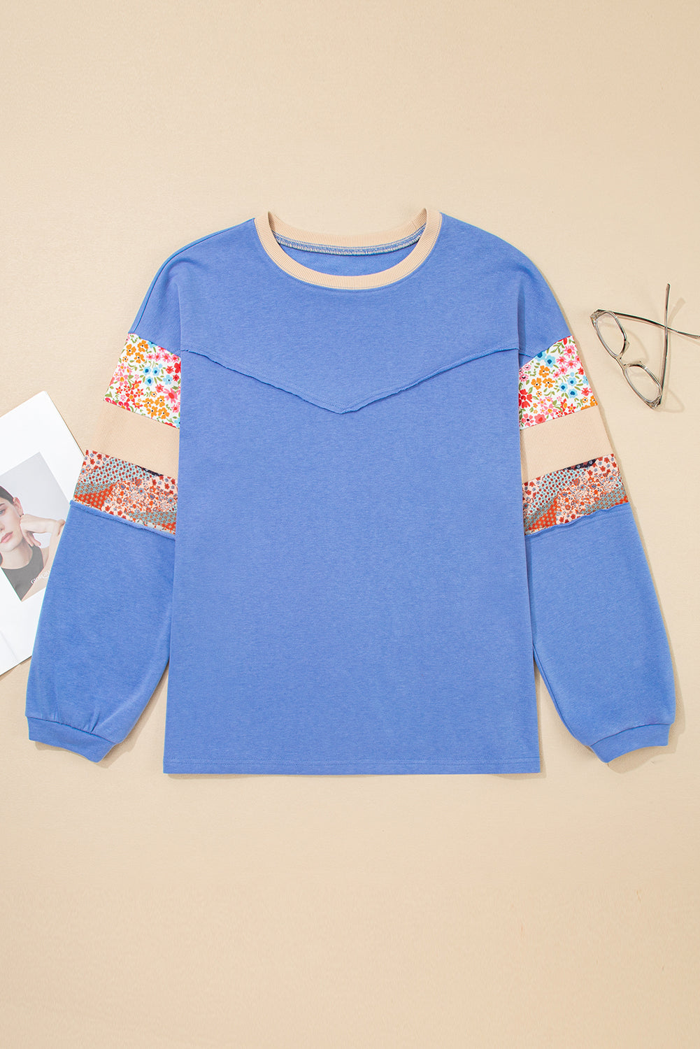 Khaki Exposed Seam Floral Mixed Patchwork Plus Size Top