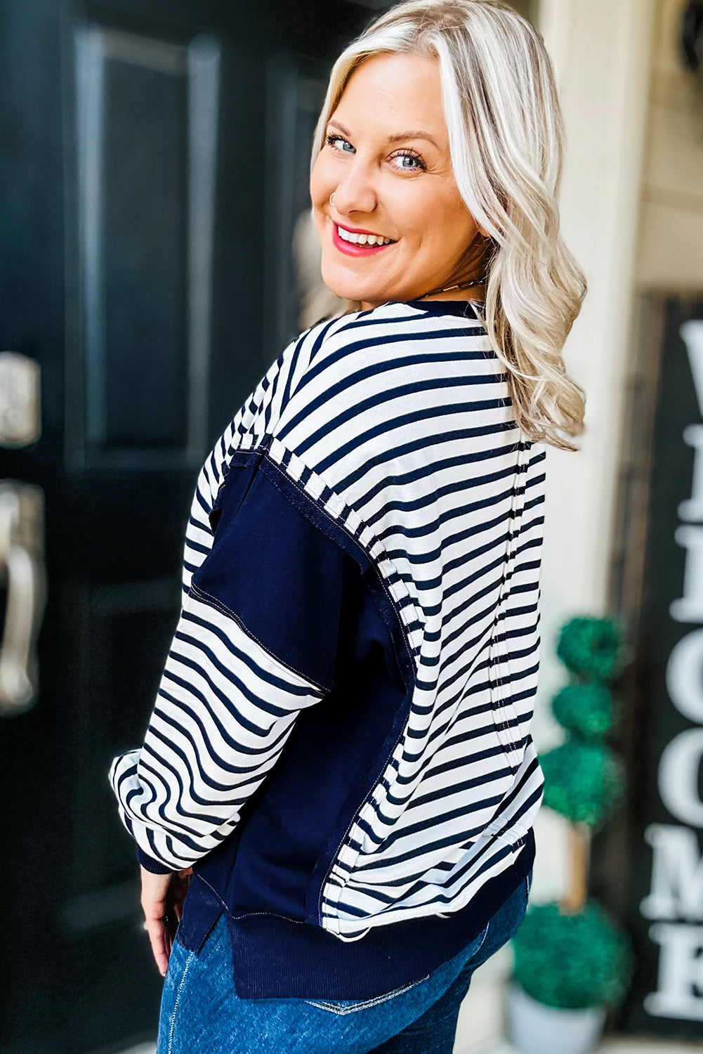 Blue Stripe Contrast Stitched Detail Color Block Patchwork Plus Size Sweatshirt