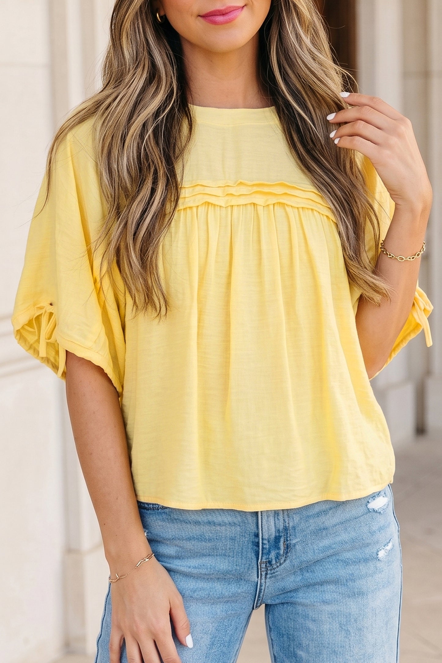 Meadow Mist Green Tie Half Sleeve Pleated Detail Babydoll Blouse