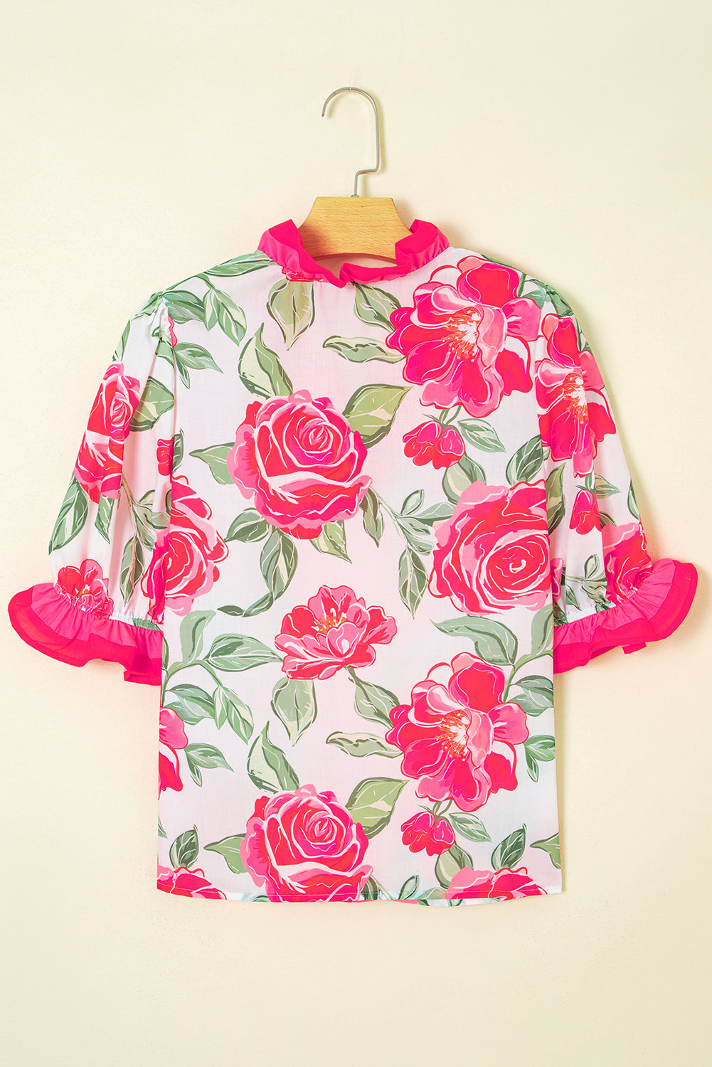 Rose Floral Print Ruffle Puff Sleeve Pop of Color Neckline Blouse