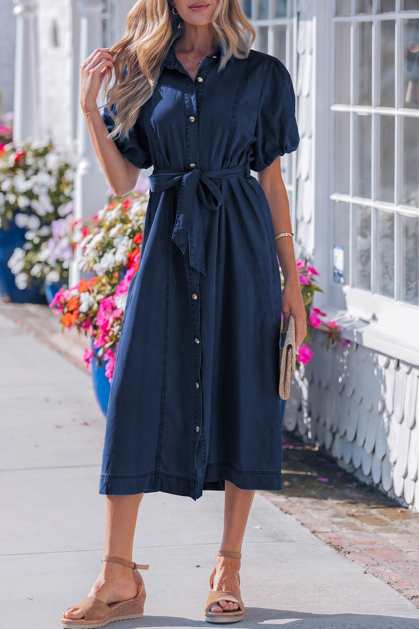 Sail Blue Full Buttons Collared Short Bubble Sleeve Long Denim Dress