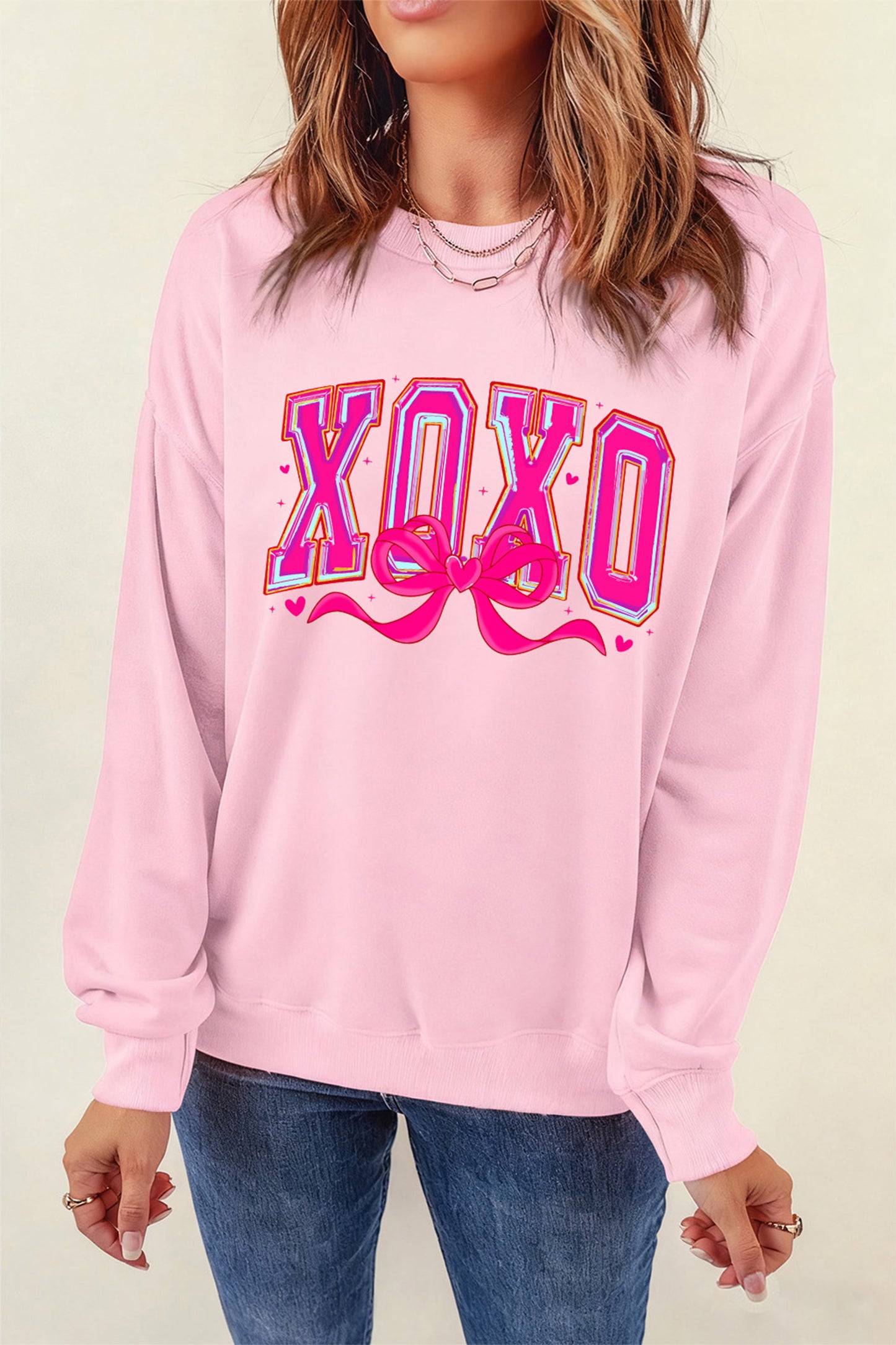 Pink XOXO Valentines Day Heart Ribbon Bow Printed Pullover Sweatshirt