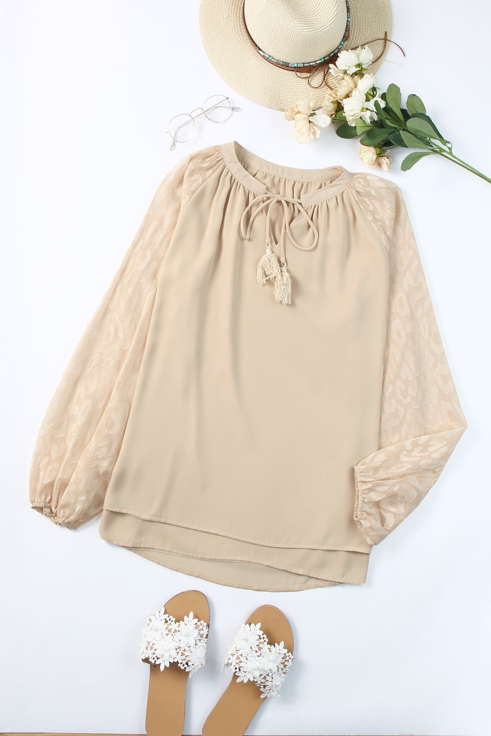 Beige Casual Leopard Sleeve Fringe Split Neck Blouse
