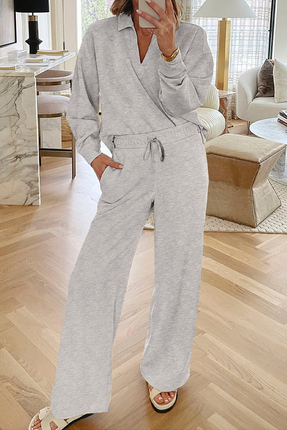 Gray Solid Color V Neck Top and High Waist Pants Set