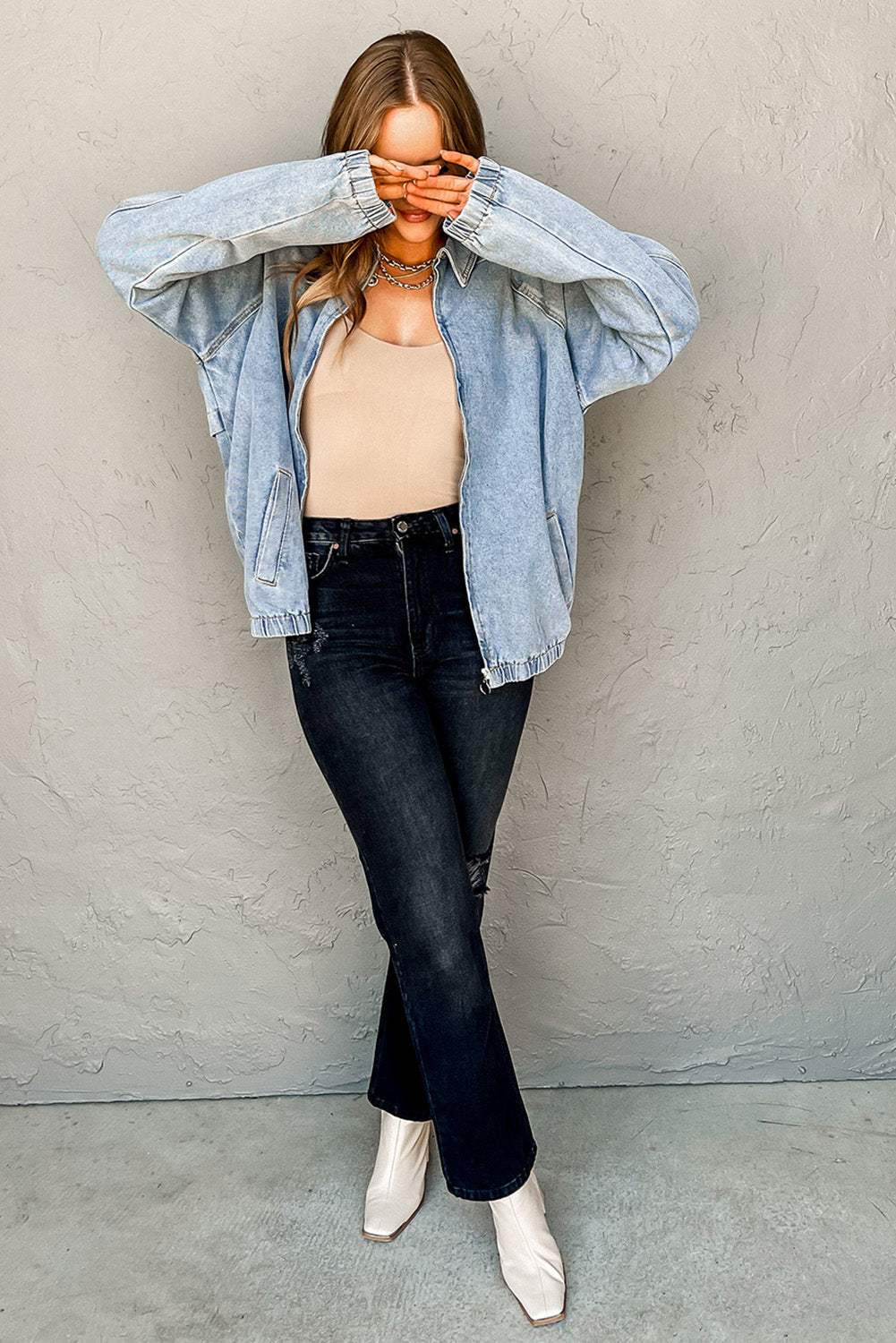 Myosotis Elastic Hem Collared Zip Up Denim Jacket