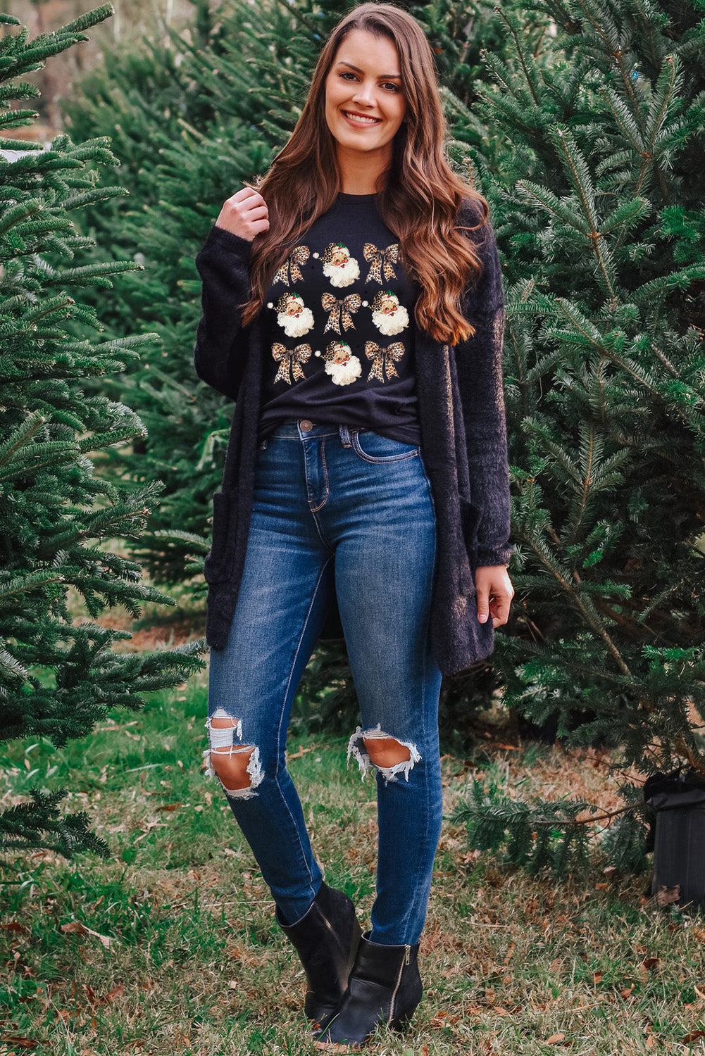 Black Santa Claus Leopard Bow Heat Transfer Printing Crew Neck Casual T Shirt