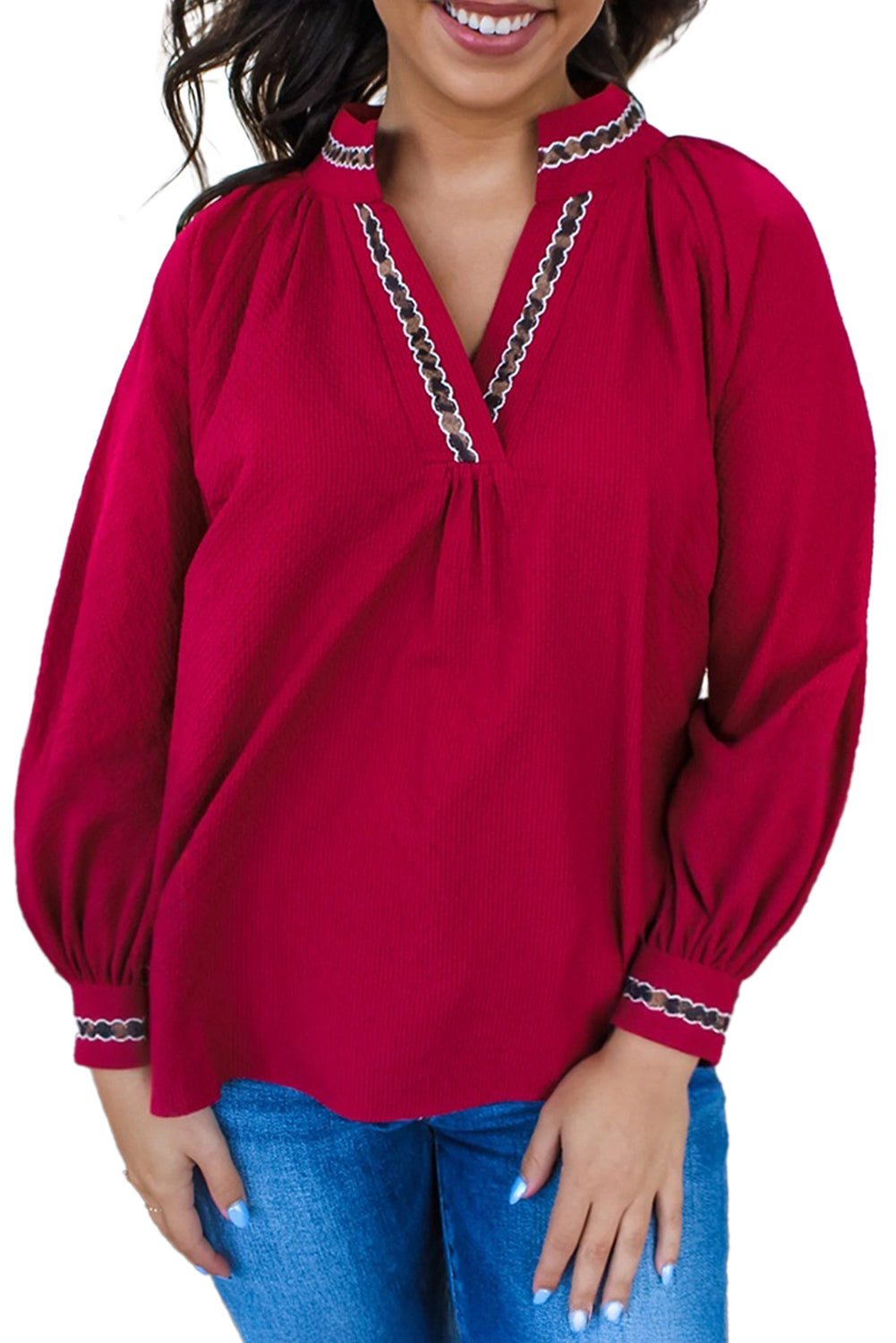 Racing Red Leopard Ricrac Applique V Neck Blouse