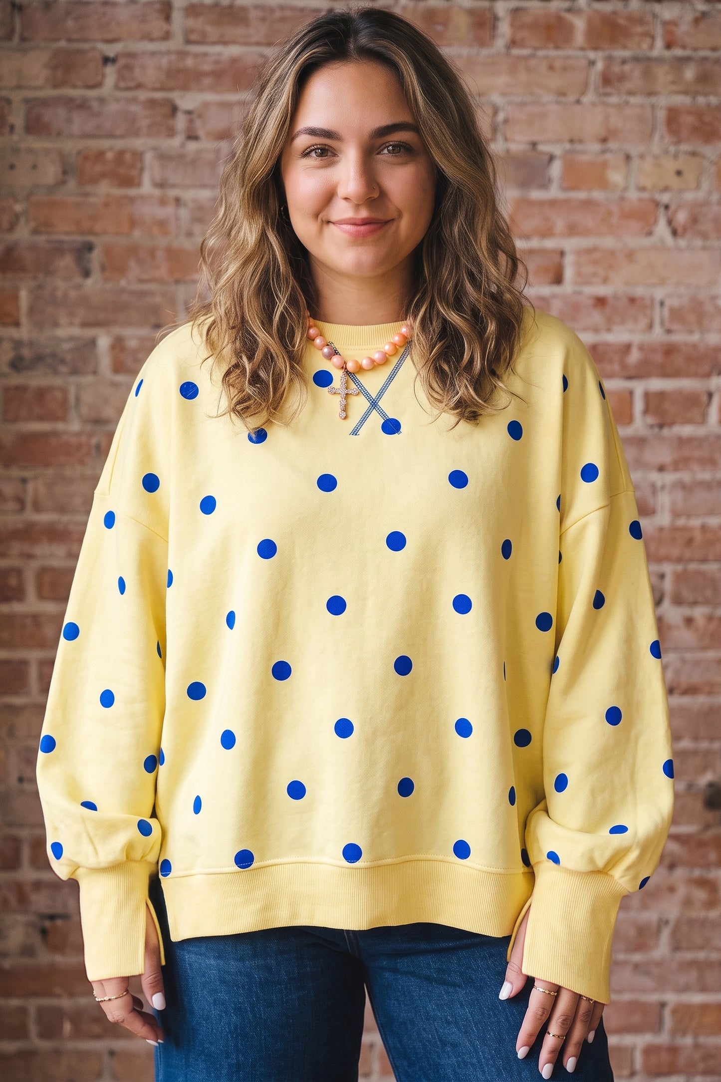 Yellow Round Neck Long Sleeve Polka Dot Plus Size Top