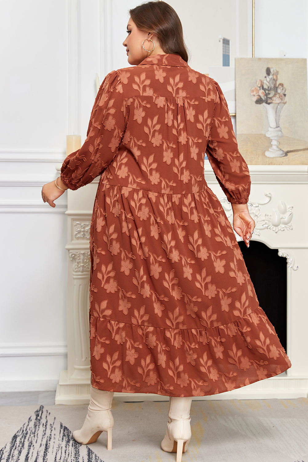 Cinnamon Plus Size Textured 3D Flower Pattern Ruffle Hem 3/4 Sleeve Long Dress