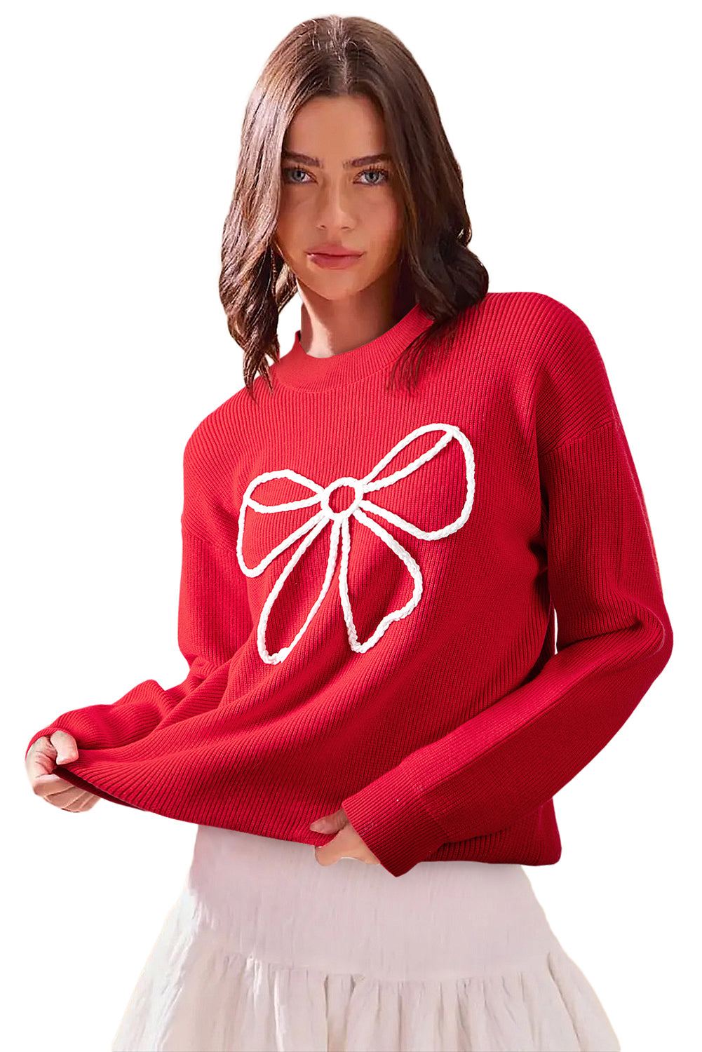 Fiery Red Braided Bow Pattern Sweater