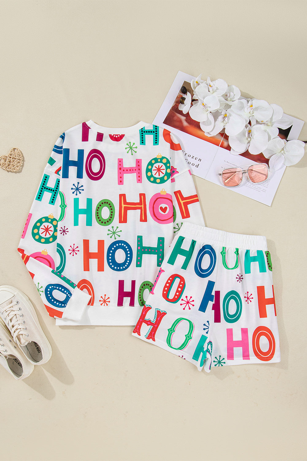 White Ho Ho Ho Letter Graphic Christmas Pajama Set
